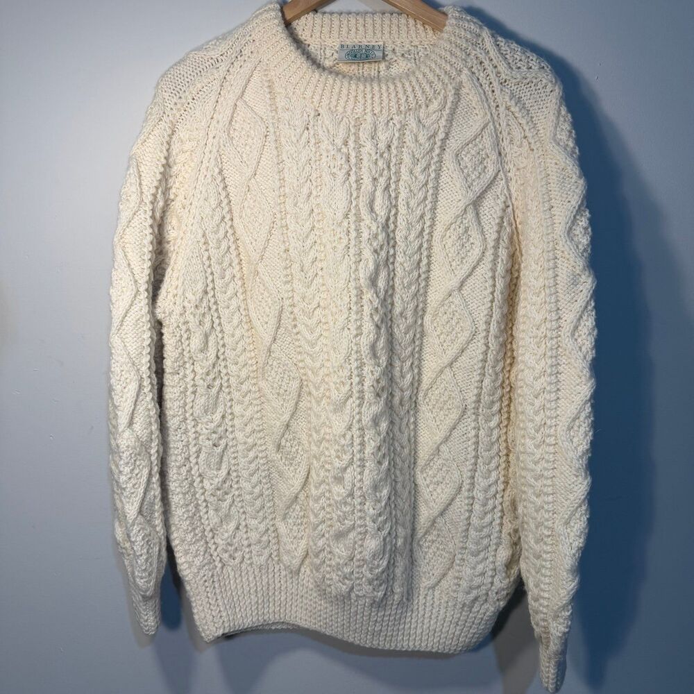 BLARNEY Woolen Mills Cream Cable Knit Crewneck Sweater 100% pure Irish wool, L
